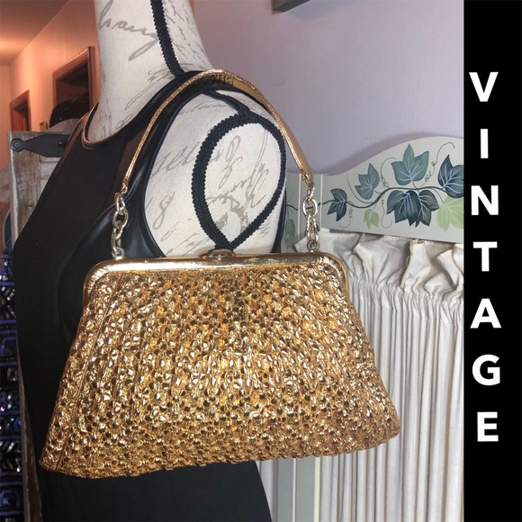 SALE💐VINTAGE (Japan 1950's) "M M" GOLD HANDBAG - Picture 1 of 16